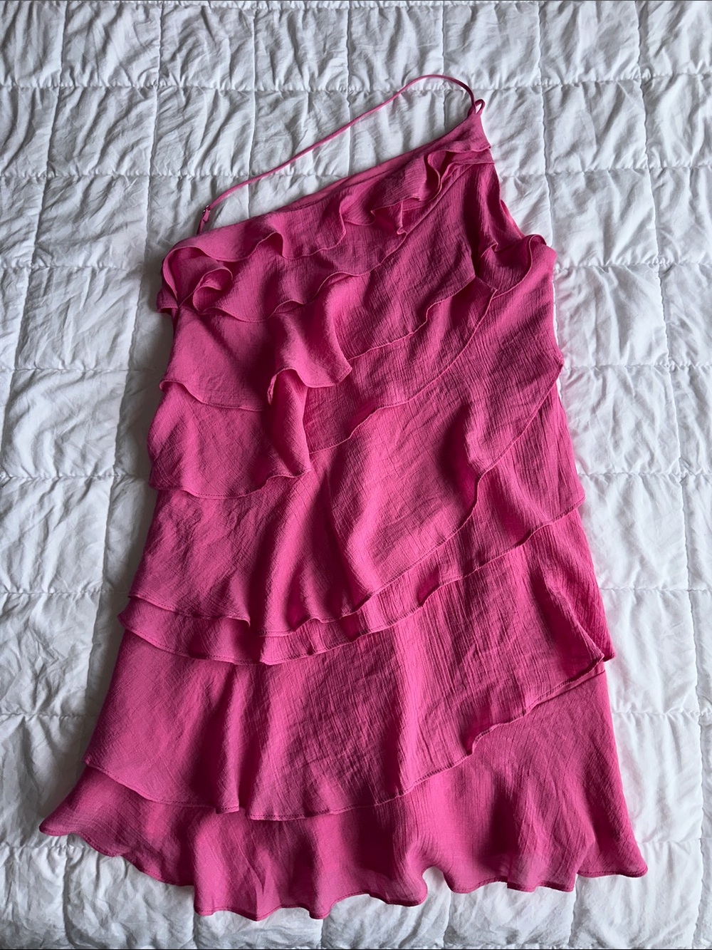 One-Shoulder Ruffle Mini Dress in Hot Pink - Picture 1 of 4
